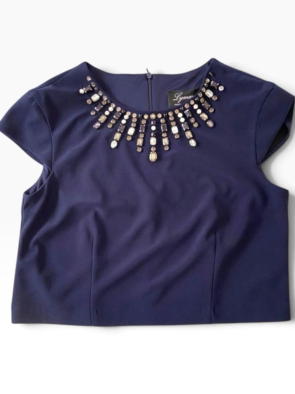 Lyman by Frank Lyman crop top beaded blouse blue short sleeves in size 12